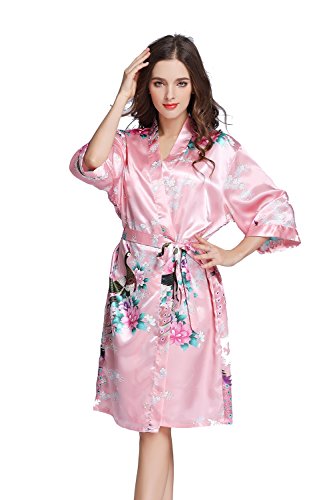 Amzchoice Women's Short Sleeve Kimono Robe Peacock & Blossoms for Spa, Wedding Bridal and Bridesmaid (S, Magenta)