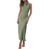 Halfisland Satin High Neck Backless Sleeveless Midi Dresses for Women Elegant Mock Neck High Waist Cross Back Cocktail Dress