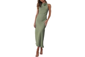 Halfisland Satin High Neck Backless Sleeveless Midi Dresses for Women Elegant Mock Neck High Waist Cross Back Cocktail Dress
