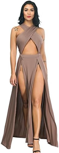 Aleng Women's Sexy Front Crisscross Bandage Sleeveless High Slit Irregular Party Night Club Dress Apricot X-Large
