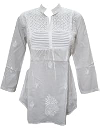 Womens Indian Tunic Shirt Hand Floral Embroidered Top Blouse Beach Cover up