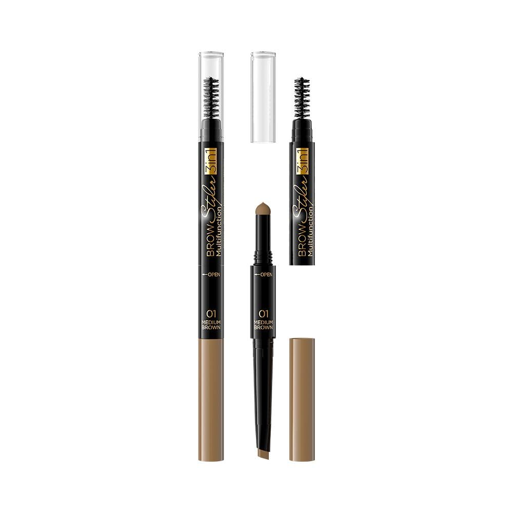 Eveline Cosmetics Brow Styler Brow Multifunction Styler 3-in-1 Pencil with Sponge and Brush - No 01 Medium Brown