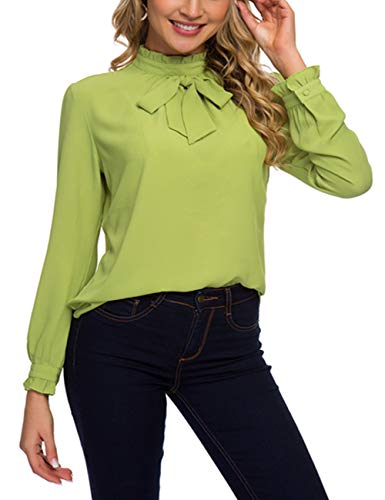 ACONIYA Womens Bow Tie Neck Long Sleeve Blouse Office Work Chiffon Elegant Casual Shirt Tops (S, Leaf Green)