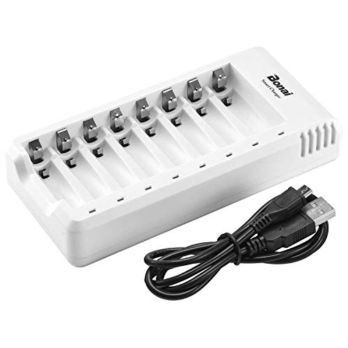 BONAI 8 Bay Battery Charger for AA AAA Ni-MH Ni-CD Rechargeable Batteries with USB Port 8 LEDs (not Included Wall Charger)