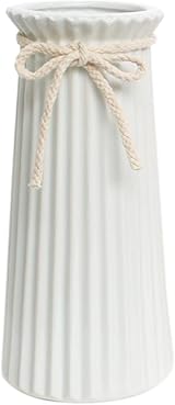 JUZAI White Ceramic Ribbed Vase 8 Inch Minimalist Modern Home Decor