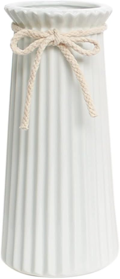 JUZAI White Ceramic Ribbed Vase 8 Inch Minimalist Modern Home Decor