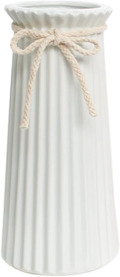 JUZAI White Ceramic Ribbed Vase 8 Inch Minimalist Modern Home Decor