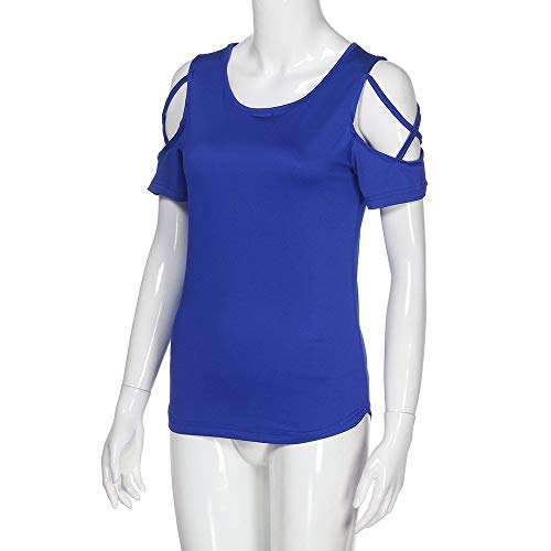 Women Summer Solid Short Sleeve Strappy Cold Shoulder T-Shirt Tops Blouses Toponly - Thumbnail 2