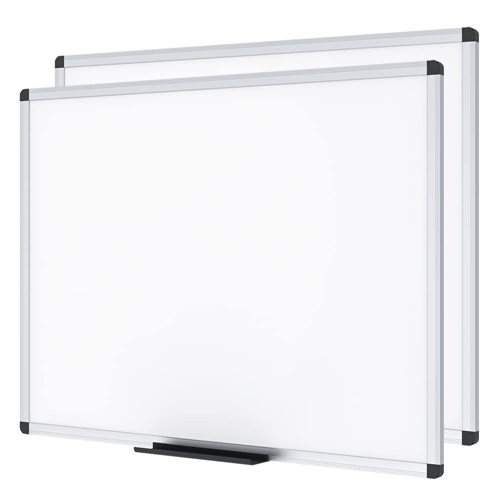 VIZ-PRO Drywipe Whiteboard 90 x 60 cm, 2 Pack, Dry Erase White Board with Silver Aluminium Frame and Pen Tray