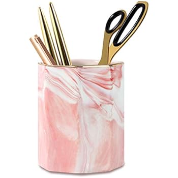 WAVEYU Pen Holder for Girls, Stand for Desk Marble Pattern Pencil Cup for Kids Durable Ceramic Desk Organizer Makeup Brush Holder Ideal Gift for Daily Use in Office, Classroom, Home, Pink Marble