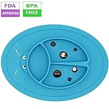 Silicone Baby Placemat Plate - Divided Suction Non slip Plate for Highchair Trays,Toddlers / Kids Feeding Weaning travel placemat a Soft Spoon included 2017 NEW (blue+bowl)