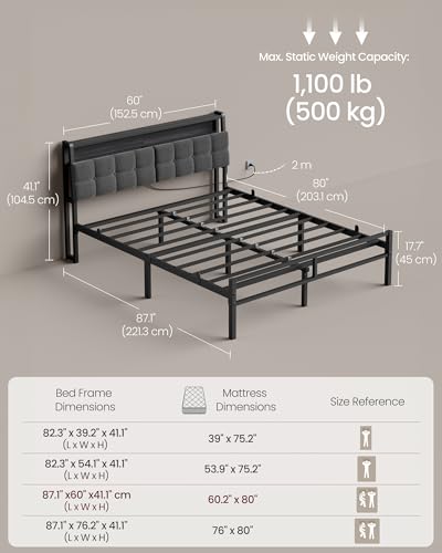 VASAGLE Queen Bed Frame with LED Lights and Charging Station, Metal Platform Bed Frame with Storage Upholstered Headboard, Noise-Free, No Box Spring Needed, Industrial, Ink Black URMB461G201
