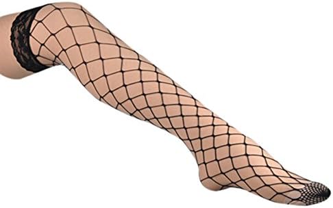 Women's Large Mesh Fishnet Thigh High Stockings Elastic Over Knee Socks with Lace Top