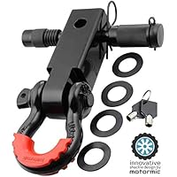 Motormic UNIQUE Shackle Hitch Receiver 2" + 5/8" Trailer Lock Pin and 3/4" D Shackle (35,000 lbs Max Capacity) - Heavy Duty Off Road Recovery Black D Ring with 4 washers + Red Isolator for Jeep Towing
