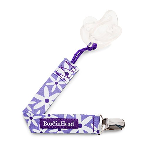BooginHead Baby Newborn PaciGrip Pacifier Clip, Holder, Toy, Teether, Soothie, Universal Loop Girl, Purple Daisy, Floral, Flowers, Purple and White