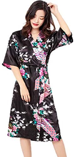 Ladies Silk Satin Dressing Gown Peacock Blossom Robes, Women's Satin Kimono  Bathrobe Floral Print Nightgown Bridal Robe,Black,M price in UAE | Amazon  UAE | kanbkam