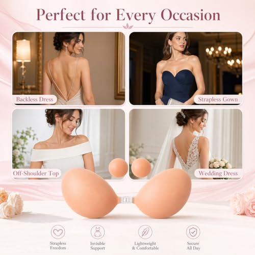 Bvanzo Stick On Bra for Women, Invisible Sticky Backless Strapless Push Up Bra with Sticky Bra Push Up, Skin Friendly and Breathable, Reusable Silicone Adhesive Bra