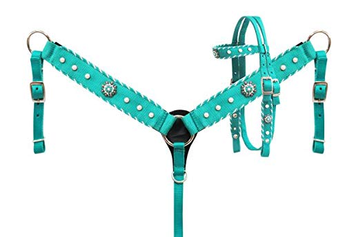 Showman Pony Size Teal Nylon Headstall & Breast Collar Set w/Pearl Beads & Reins! New Horse TACK!