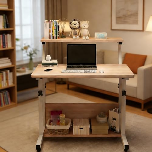 VUCATIN Small Study Desk for Bedroom, Rolling Computer Desk with Wheels Storage Shelf for Small Spaces, Adjustable Height Standing Table for Home Office (F-White)