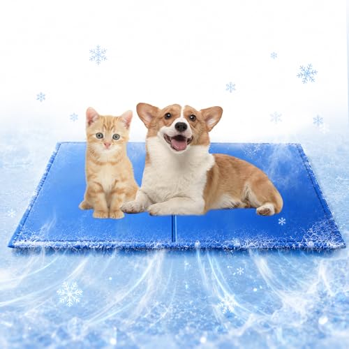 OKPOW Dog Cooling Mat – Durable Self Cooling Pet Gel Pad for Medium Dogs Cats, 50x65 cm Waterproof Cool Bed, Pressure Activated Non-Toxic Ice Cooler Mattress for Summer Travel, Crate, Sofa, Blue