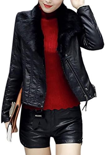Women Classic Zipper Faux Fur Moto Biker Black Short Leather Bomber Jackets Coat