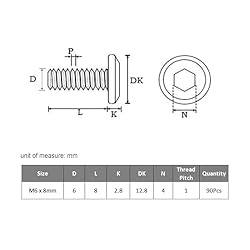 VGBUY M6-1 x 8 mm 90pcs Flat Head Hex Socket Cap
