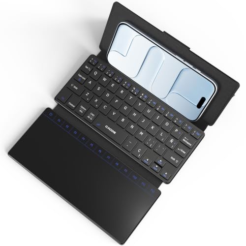 CACOE Mini Teclado Bluetooth con Panel Táctil para Teléfono Móvil, Ultrafino Plegable, Doble Canal, QWERTY Teclado con Soporte de Posición para Smartphone y Más iOS, Android, Windows, Negro con Panel