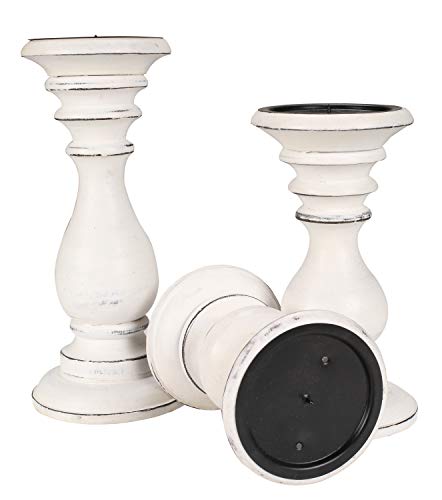 Set of 3 Wooden Pillar Candle Holders, Ideal for LED and Pillar Candles, Gifts for Wedding, Party, Home, Spa, Reiki, Aromatherapy, Votive Candle Gardens - 10 Inch, 8 Inch, and 6 Inch - Antique White