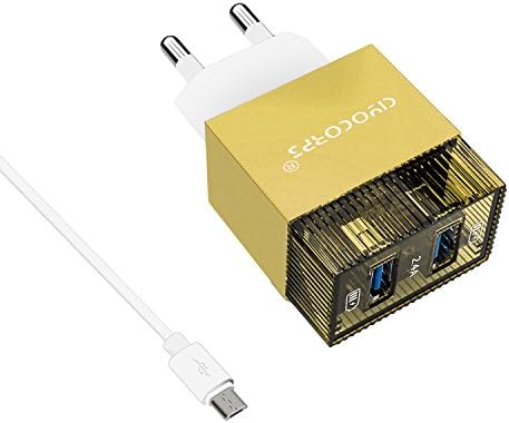 European Plug Adapter, TOSSOW European Travel Charger with Dual USB Ports (3.4A/5V), European USB Charger with 3ft Micro USB Cable for iPhone x 8 7 7s Plus 8 6 6s, Galaxy s8 s7 s6 Edge Note - Golden