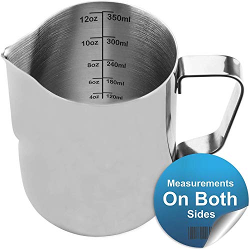 Milk Frothing Pitcher - 12, 20 oz Stainless Steel Milk Frothing Cup Coffee Steaming Pitcher - Measurements on Both Sides Inside, Perfect for Espresso Machines, Milk Frother, Latte Art