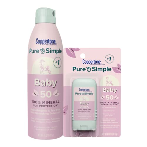 Coppertone Pure and Simple Baby Sunscreen Spray + Stick Sunscreen SPF 50, Zinc Oxide Mineral