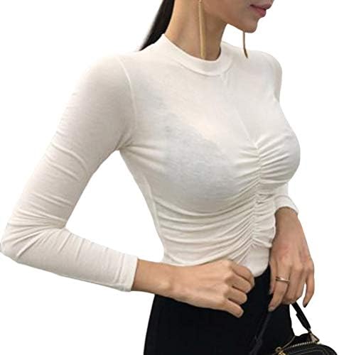 CrazyTiger Women's Long Sleeve Slim Slim Fit Pleated T-Shirt Plain Blouse Tops Casual