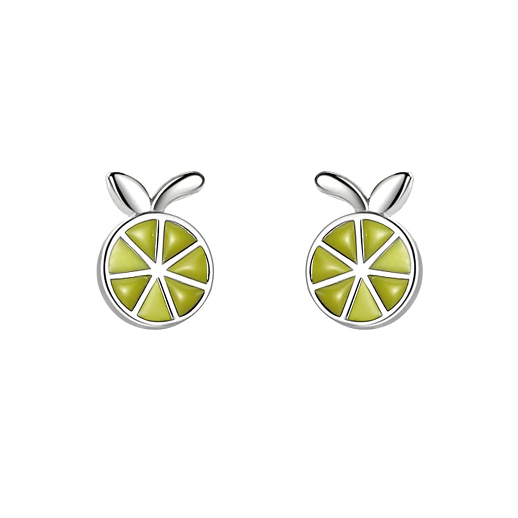Chereda 925 Sterling Silver Stud Earrings Green Fruit Orange Fashion Women Girls Birthday Gift Silver No Gemstone, Silver, Free from gemstones
