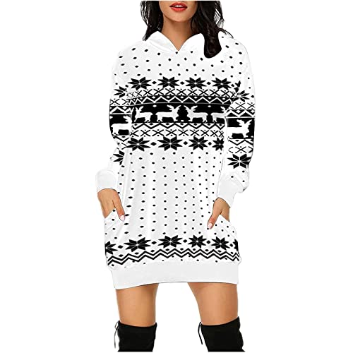 Dresses for Women Christmas Dresses for Women Long Sleeve Vintage Party Dress with Festive Deer and Snowflake Print Round Neck A-Line Swing Christmas Fancy Dress Outfits A White