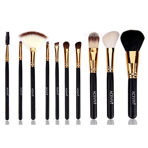 ACEVIVI 10 Pieces Makeup Brushes Set with Powder Blusher Cosmestic Kabuki Brushes with Synthetic Leather Case Black