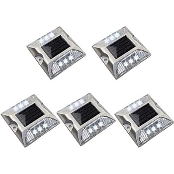 5pcs Solar Deck Lights, Solar Powered 6 LED IP68 Waterproof Driveway Dock LED Light, Traffic Security Warning Light LED Road Stud Light for Garden Ground Pathway Yard Step Sidewalk Stair (White Light)
