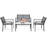 Best Choice Products 4-Piece Patio Metal Conversation Furniture Set w/Loveseat, 2 Chairs, and Glass Coffee Table- Gray