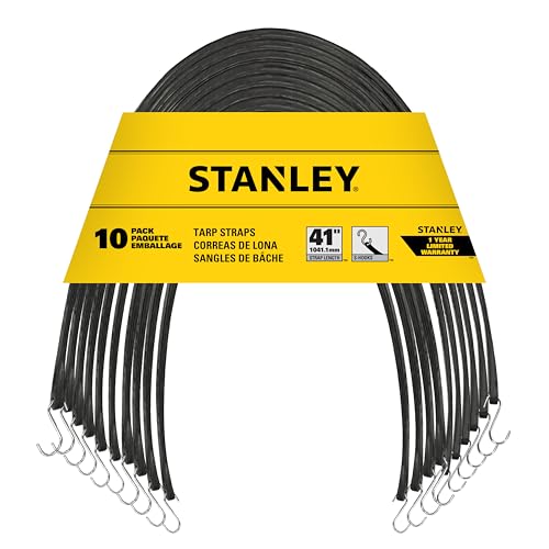 STANLEY S300441 Black 41 All-Weather Rubber Bungee Cords with S-Hooks for Securing Tarps, Flatbed Hauler and Boat Covers, Storage, and Cargo, 10 Pack