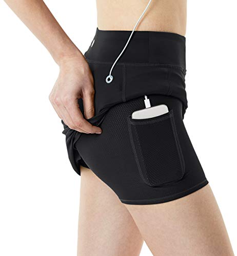 TSLA Women's Compression Skort Active Running Tennis Performance Skirt w Mesh Pocket, Active Skort(fbk01) - Black, Large