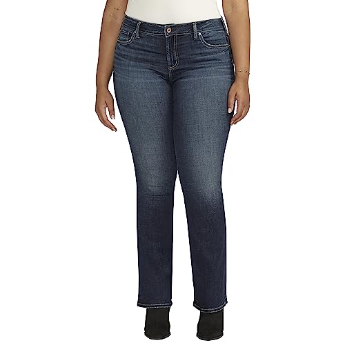 Silver Jeans Co. Women’s Plus Size Elyse Mid Rise Comfort Fit Slim Bootcut Jeans, Dark Wash ECF486, 18 Plus Short