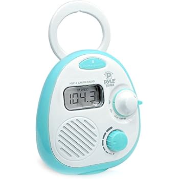 Pyle PSR14 Splash-Proof Water Resistant Mini Digital AM/FM Radio Alarm Clock with LCD Display and 3.5mm AUX Input, Digital