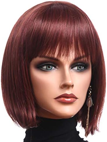 Short Straight Wigs Women'S Bob Style Full Head Wig Heat Resistant Synthetic Wine Red Color Wig with Bang