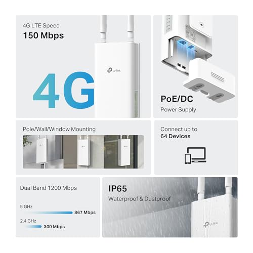 TP-Link Archer MR402-Outdoor 4G LTE External Router, WiFi AC1200Mbps Dual Band, IP65 Waterproof, PoE/DC Support, Cat4 up to 150Mbps, OneMesh Technology, Pole/Wall Installation, Plug & Play