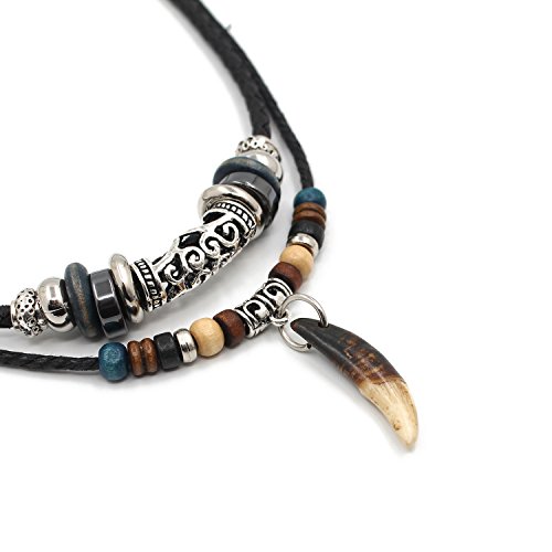 VACANALA Mens Brown Prehistoric Caveman Tribal Real Wolf Tooth Pendant