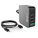 USB Charger with USB-C (3A), Quick Charge 3.0 5-Port USB Cell Phone Charger Travel Charger For Nexus 5X, 6P, Pixel, iPhone, Macbook, iPad Pro, HTC10, LG G5 (USB-C to C cable included)