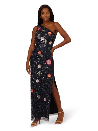 Adrianna Papell Women’s One Shoulder Bead Dress, Navy Multi