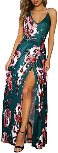 Women's Summer Floral Tie Back Adjustable Spaghetti Strap Maxi Dress Split