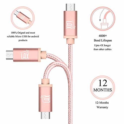 LAX Gadgets Braided Nylon Micro USB Charging and Data Sync Cable, 480 Mbps Data Transfer via USB 2.0 (10 Feet, Rose Pink)