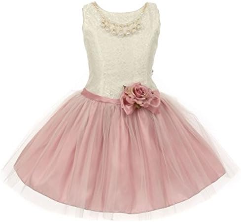 Little Girls Dusty Rose Lace Taffeta Pearl Stone Accented Flower Girl Dress 4