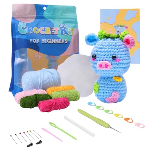 Umootek Crochet Kit for Beginners, Cute Small Cow Crochet Starter Kit with Step-by-Step Video Tutorials, Woolen Knitting Kit for Adults and Kids